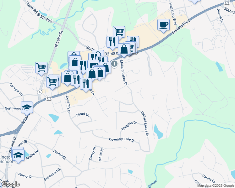 map of restaurants, bars, coffee shops, grocery stores, and more near 125 West Sparrowood Run in Lexington