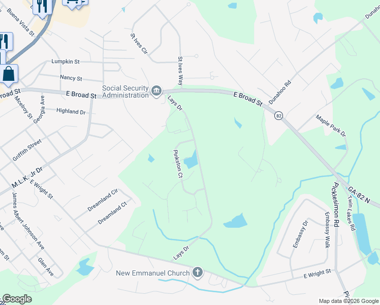 map of restaurants, bars, coffee shops, grocery stores, and more near 26 Lays Lane in Winder