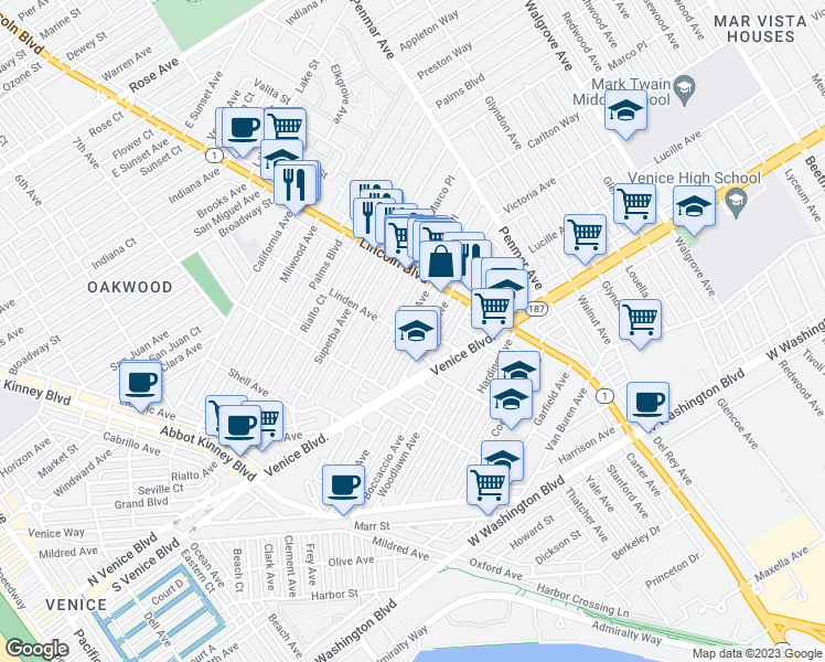 map of restaurants, bars, coffee shops, grocery stores, and more near 906 Venezia Avenue in Los Angeles