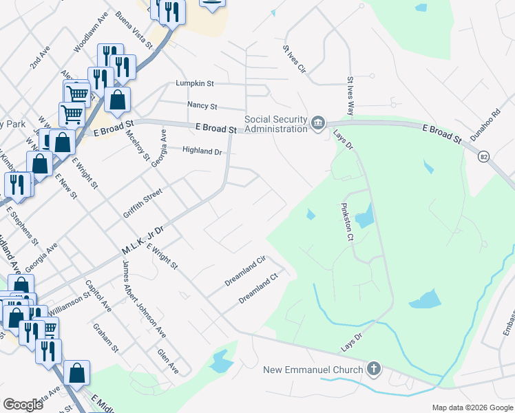 map of restaurants, bars, coffee shops, grocery stores, and more near 260 Kesler Court in Winder