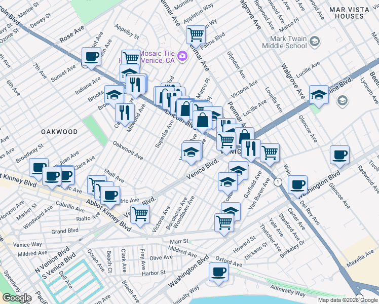 map of restaurants, bars, coffee shops, grocery stores, and more near 906 Venezia Avenue in Los Angeles