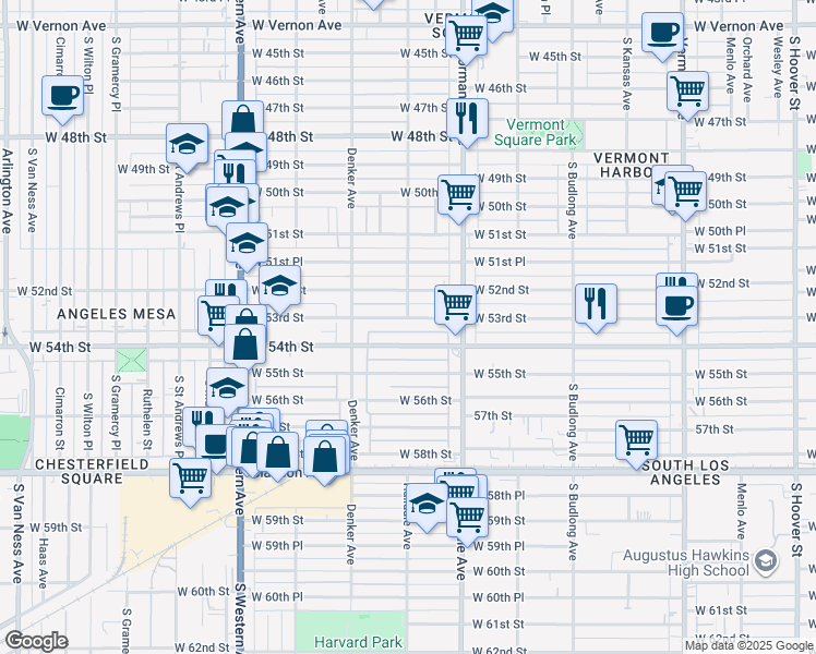 map of restaurants, bars, coffee shops, grocery stores, and more near 1453 West 53rd Street in Los Angeles