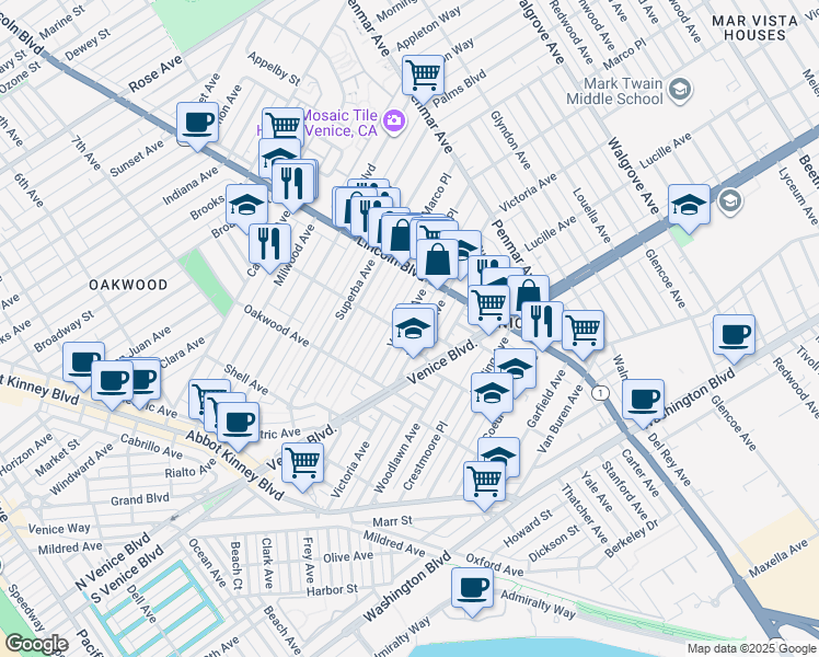 map of restaurants, bars, coffee shops, grocery stores, and more near 906 Venezia Avenue in Los Angeles