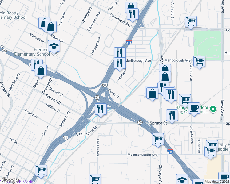 map of restaurants, bars, coffee shops, grocery stores, and more near 2057 Down Street in Riverside