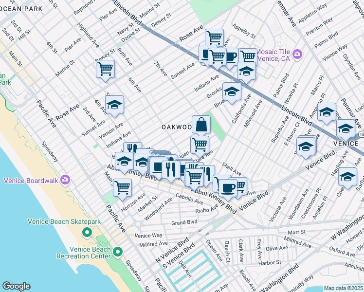 map of restaurants, bars, coffee shops, grocery stores, and more near 608 Westminster Avenue in Los Angeles