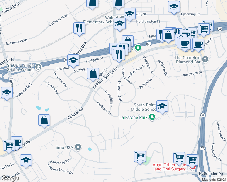 map of restaurants, bars, coffee shops, grocery stores, and more near 1246 Kinglake Drive in Walnut