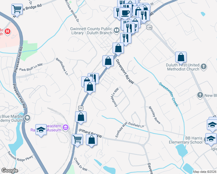 map of restaurants, bars, coffee shops, grocery stores, and more near 3330 Pickens Street in Duluth