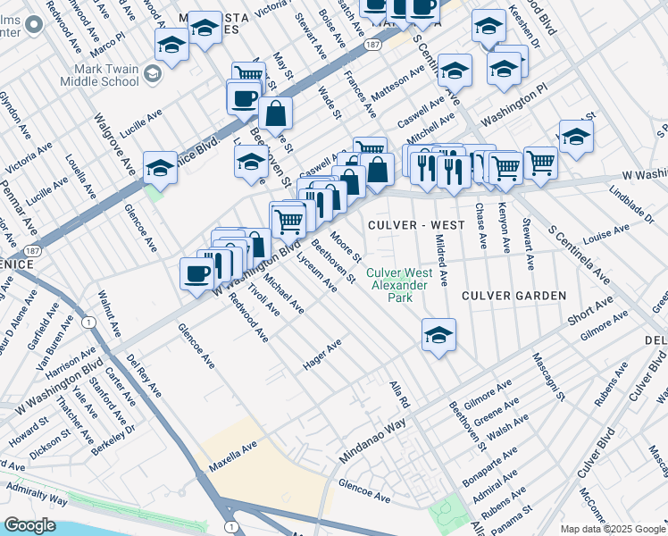 map of restaurants, bars, coffee shops, grocery stores, and more near 4055 Beethoven Street in Los Angeles
