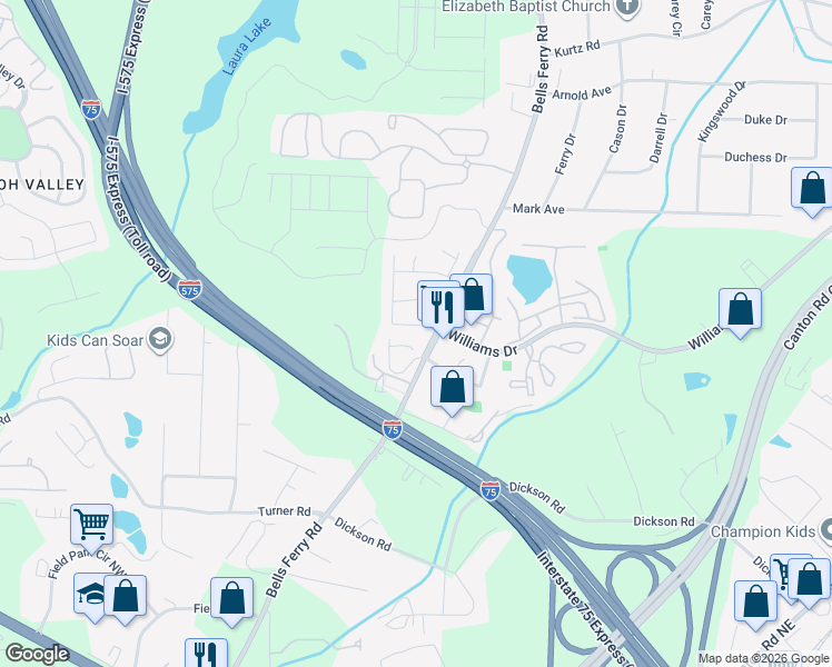 map of restaurants, bars, coffee shops, grocery stores, and more near 1685 Barrington Overlook in Marietta