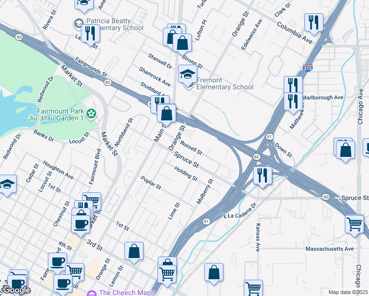 map of restaurants, bars, coffee shops, grocery stores, and more near 3528 Russell Street in Riverside
