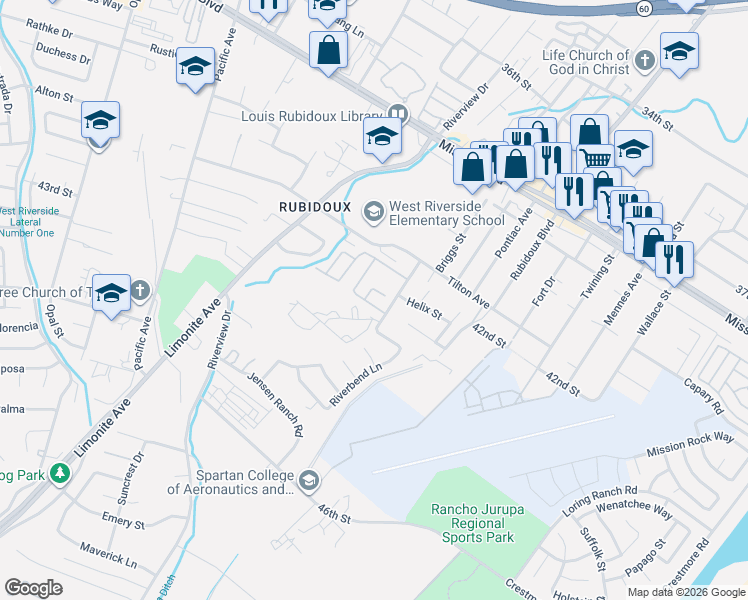 map of restaurants, bars, coffee shops, grocery stores, and more near 4236 Mill Creek Street in Riverside
