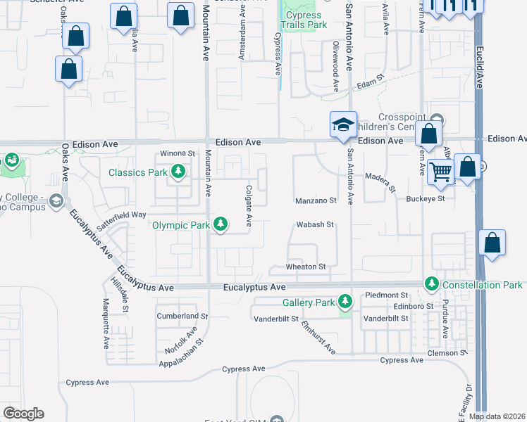 map of restaurants, bars, coffee shops, grocery stores, and more near 6428 Marymount Street in Chino