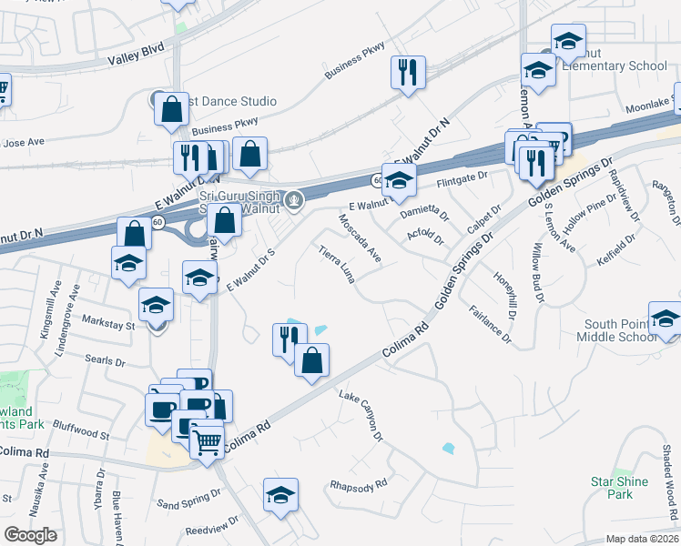 map of restaurants, bars, coffee shops, grocery stores, and more near 1088 Tierra Luna in Walnut