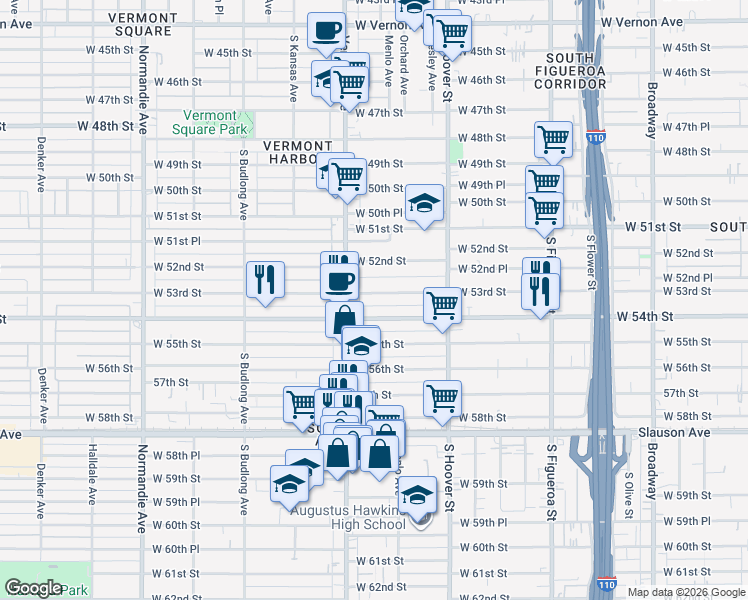 map of restaurants, bars, coffee shops, grocery stores, and more near 921 West 53rd Street in Los Angeles