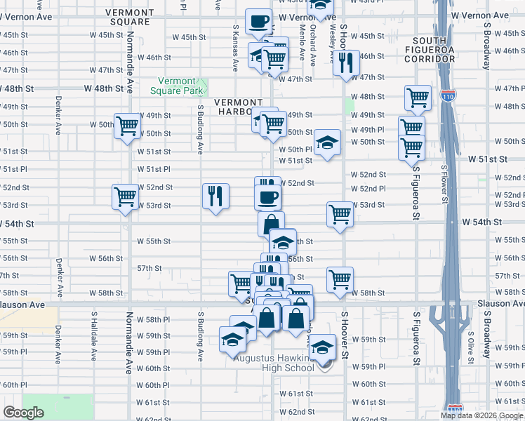 map of restaurants, bars, coffee shops, grocery stores, and more near 5219 Vermont Avenue in Los Angeles