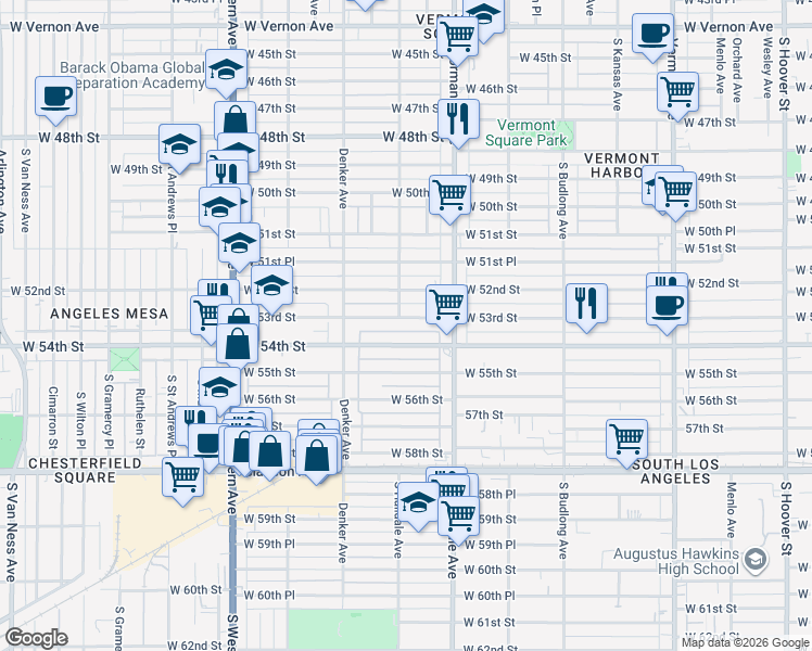 map of restaurants, bars, coffee shops, grocery stores, and more near 1453 West 53rd Street in Los Angeles