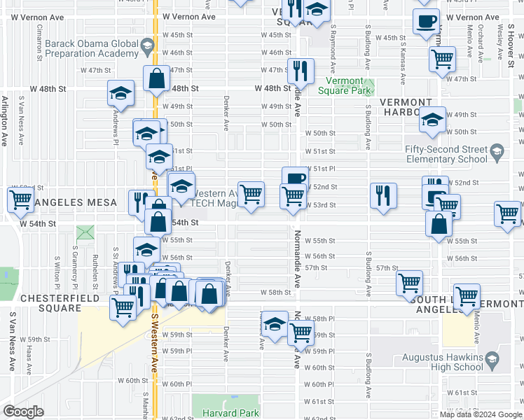 map of restaurants, bars, coffee shops, grocery stores, and more near 1453 West 53rd Street in Los Angeles