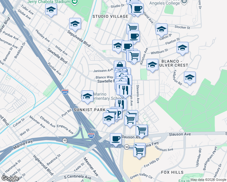 map of restaurants, bars, coffee shops, grocery stores, and more near 11245 Segrell Way in Culver City