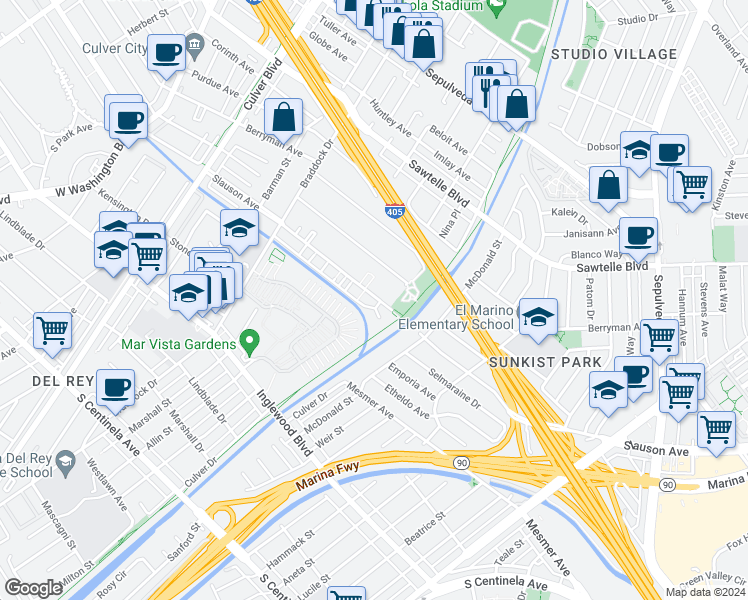 map of restaurants, bars, coffee shops, grocery stores, and more near 5015 Coolidge Avenue in Culver City