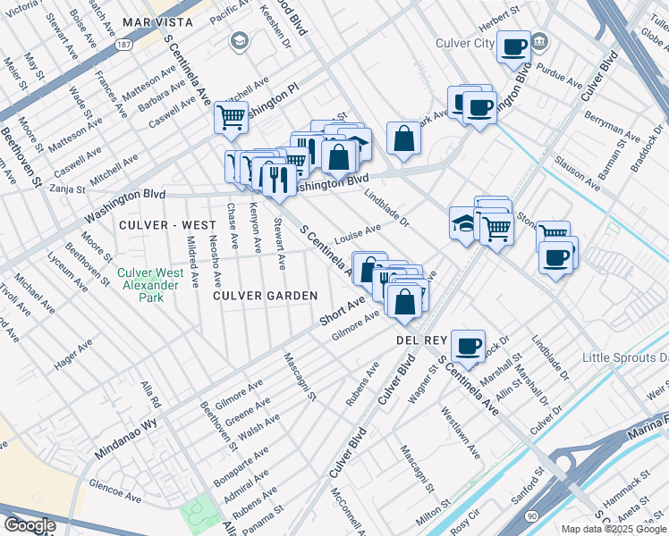 map of restaurants, bars, coffee shops, grocery stores, and more near 4308 1/2 South Centinela Avenue in Los Angeles