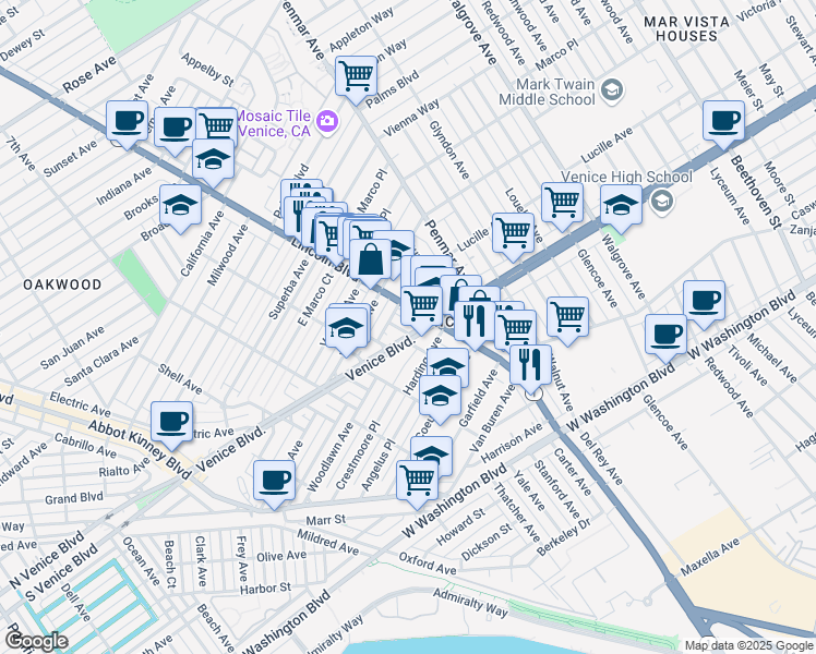 map of restaurants, bars, coffee shops, grocery stores, and more near 2300 Lincoln Boulevard in Los Angeles