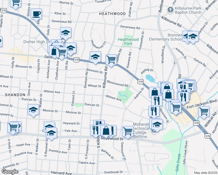 map of restaurants, bars, coffee shops, grocery stores, and more near 3825 Bloomwood Road in Columbia