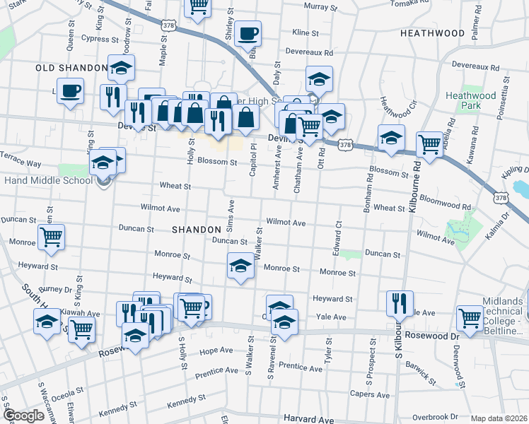 map of restaurants, bars, coffee shops, grocery stores, and more near 3126 Wheat Street in Columbia
