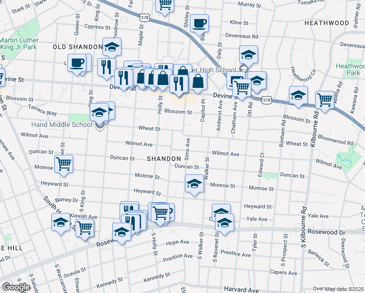 map of restaurants, bars, coffee shops, grocery stores, and more near 414 Shandon Street in Columbia