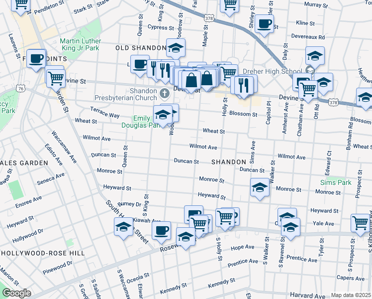 map of restaurants, bars, coffee shops, grocery stores, and more near 2721 Wilmot Avenue in Columbia