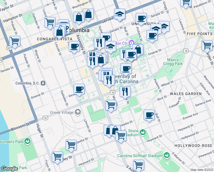 map of restaurants, bars, coffee shops, grocery stores, and more near in Columbia