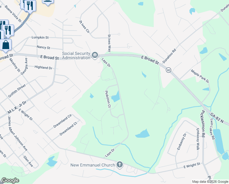 map of restaurants, bars, coffee shops, grocery stores, and more near 26 Lays Lane in Winder