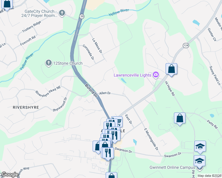map of restaurants, bars, coffee shops, grocery stores, and more near 525 Woodland Lane in Lawrenceville