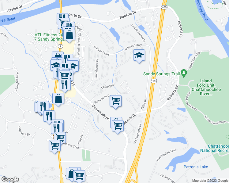 map of restaurants, bars, coffee shops, grocery stores, and more near 8610 Roswell Road in Sandy Springs
