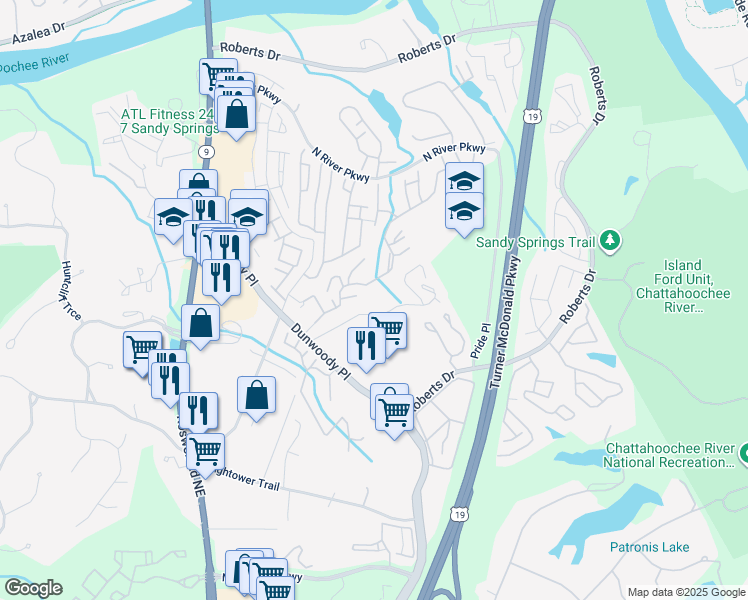 map of restaurants, bars, coffee shops, grocery stores, and more near 1101 Summit Place Drive in Sandy Springs