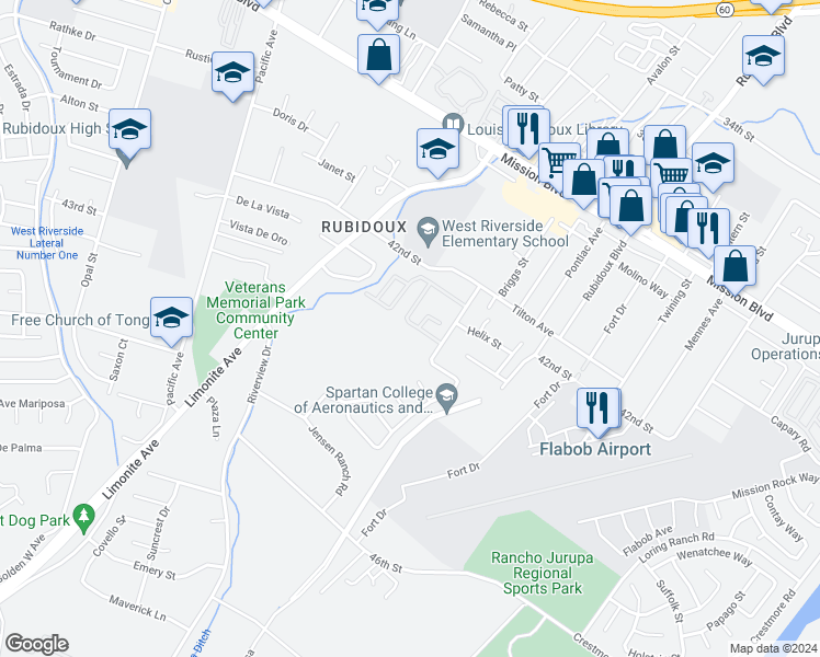 map of restaurants, bars, coffee shops, grocery stores, and more near 4265 Mill Creek Street in Riverside