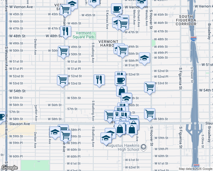 map of restaurants, bars, coffee shops, grocery stores, and more near 1102 West 53rd Street in Los Angeles