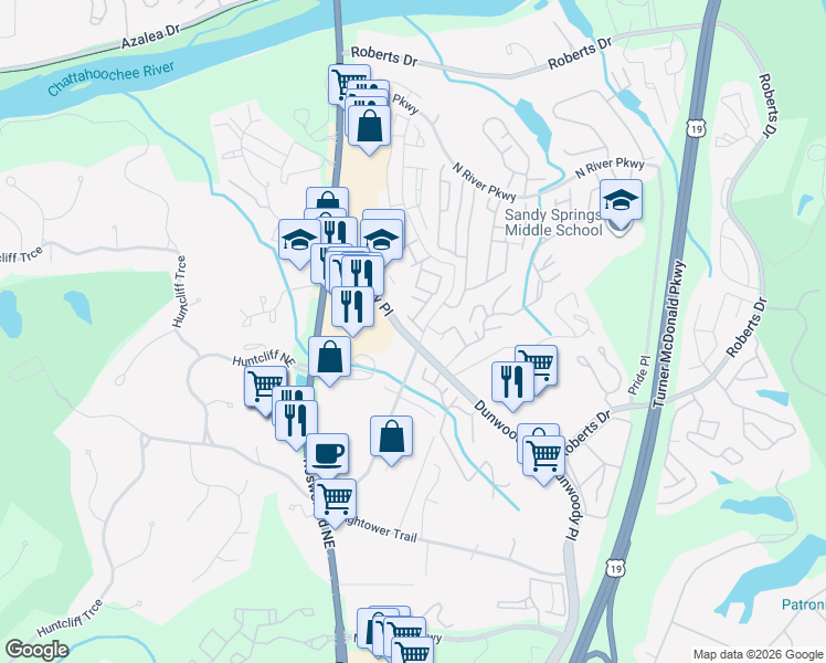 map of restaurants, bars, coffee shops, grocery stores, and more near 8701 Dunwoody Place in Sandy Springs