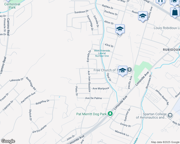 map of restaurants, bars, coffee shops, grocery stores, and more near 6581 45th Street in Riverside