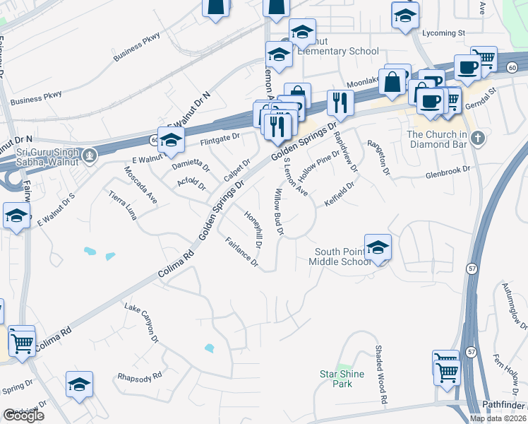 map of restaurants, bars, coffee shops, grocery stores, and more near 1246 Kinglake Drive in Walnut