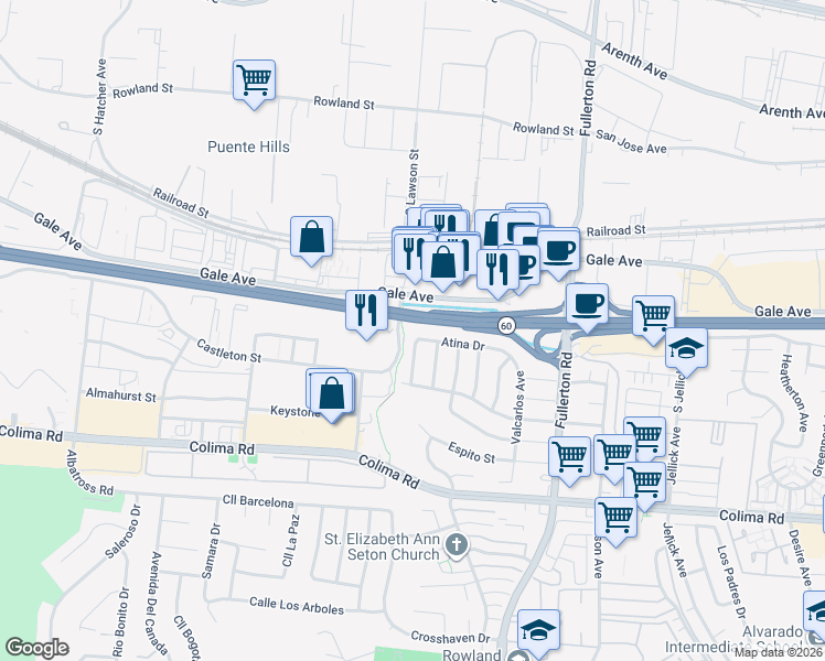 map of restaurants, bars, coffee shops, grocery stores, and more near 18001 Atina Drive in Rowland Heights