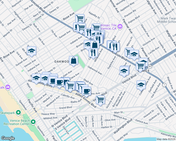 map of restaurants, bars, coffee shops, grocery stores, and more near 749 Milwood Avenue in Los Angeles