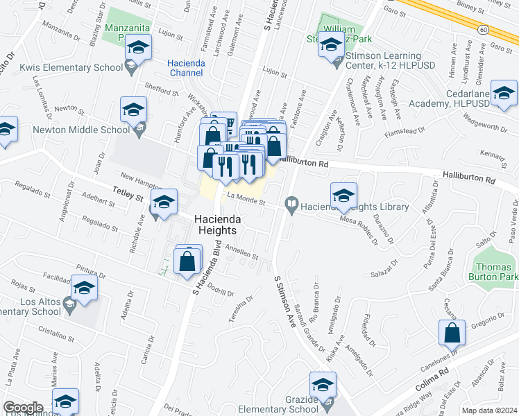 map of restaurants, bars, coffee shops, grocery stores, and more near 2205 El Baile Place in Hacienda Heights