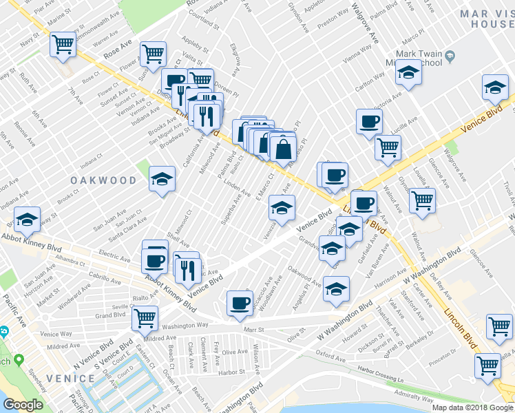 map of restaurants, bars, coffee shops, grocery stores, and more near 853 Amoroso Place in Los Angeles