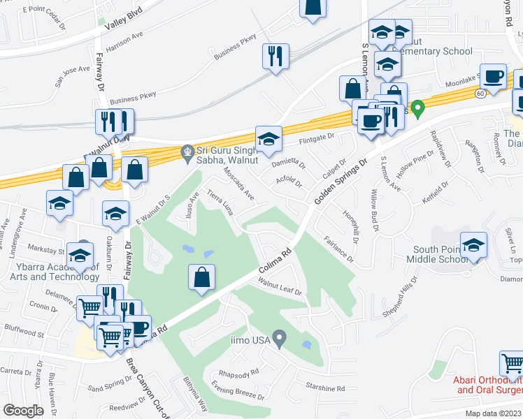 map of restaurants, bars, coffee shops, grocery stores, and more near 20148 Padrino Avenue in Walnut