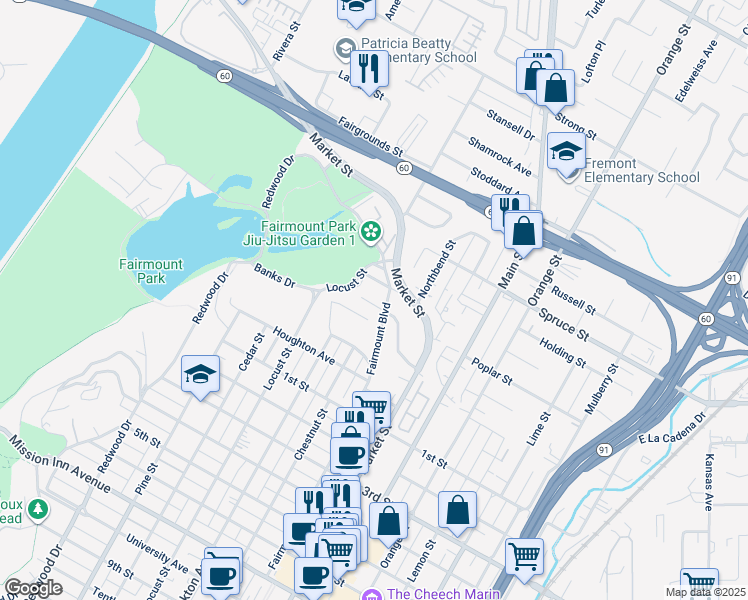 map of restaurants, bars, coffee shops, grocery stores, and more near 3943 Ridge Road in Riverside