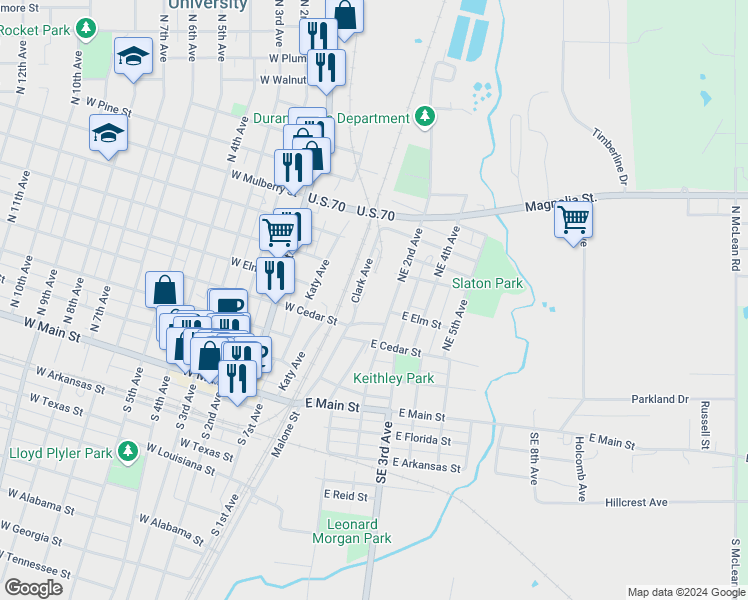 map of restaurants, bars, coffee shops, grocery stores, and more near 507 Northeast 2nd Avenue in Durant