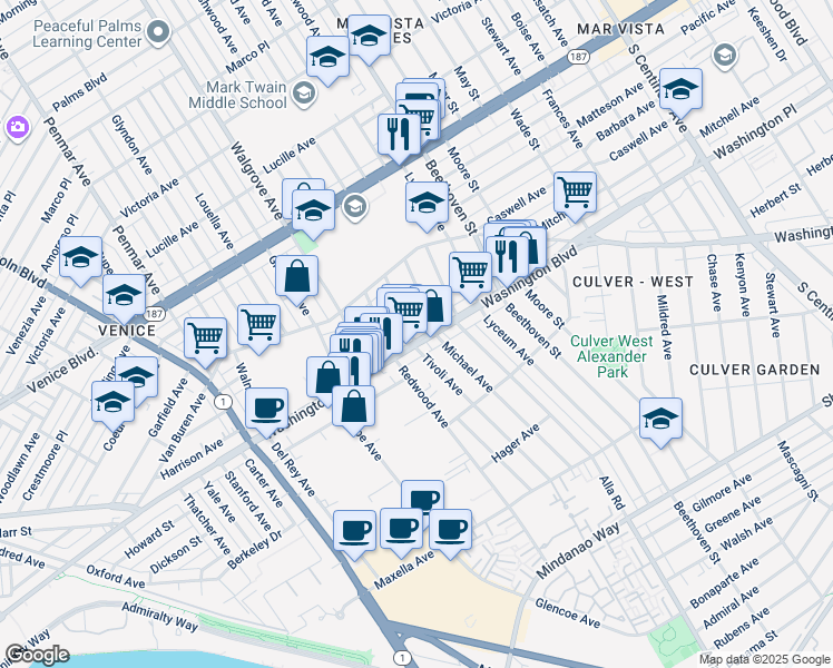 map of restaurants, bars, coffee shops, grocery stores, and more near 13123 Washington Boulevard in Los Angeles