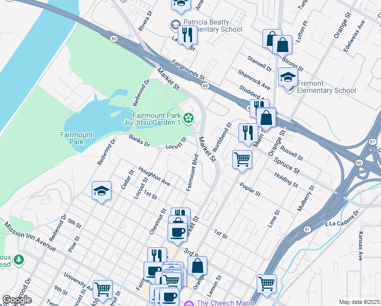 map of restaurants, bars, coffee shops, grocery stores, and more near 3943 Ridge Road in Riverside