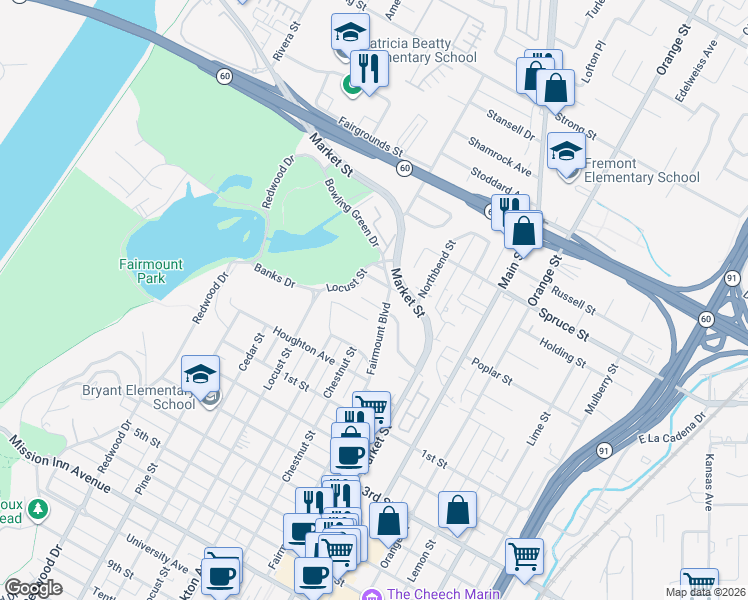 map of restaurants, bars, coffee shops, grocery stores, and more near 2555 Fairmount Court in Riverside