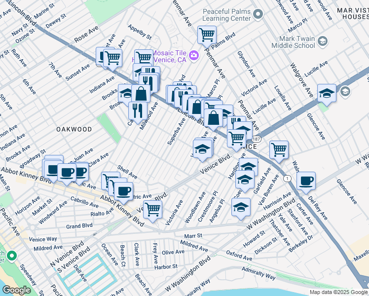 map of restaurants, bars, coffee shops, grocery stores, and more near 853 Amoroso Place in Los Angeles